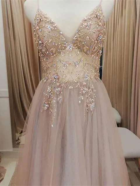Eye-catching Illusion Prom Dresses Tulle Spaghetti Straps A-line Formal Gowns CP114