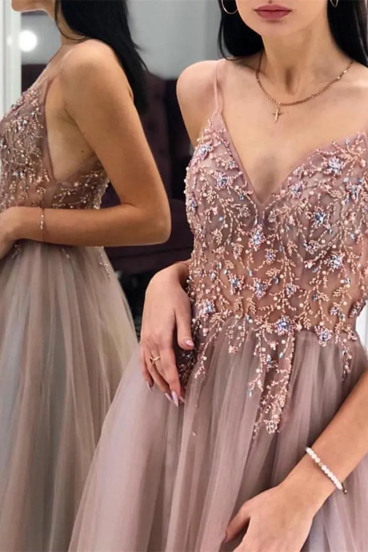 Eye-catching Illusion Prom Dresses Tulle Spaghetti Straps A-line Formal Gowns CP114
