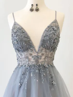 Eye-catching Illusion Prom Dresses Tulle Spaghetti Straps A-line Formal Gowns CP114
