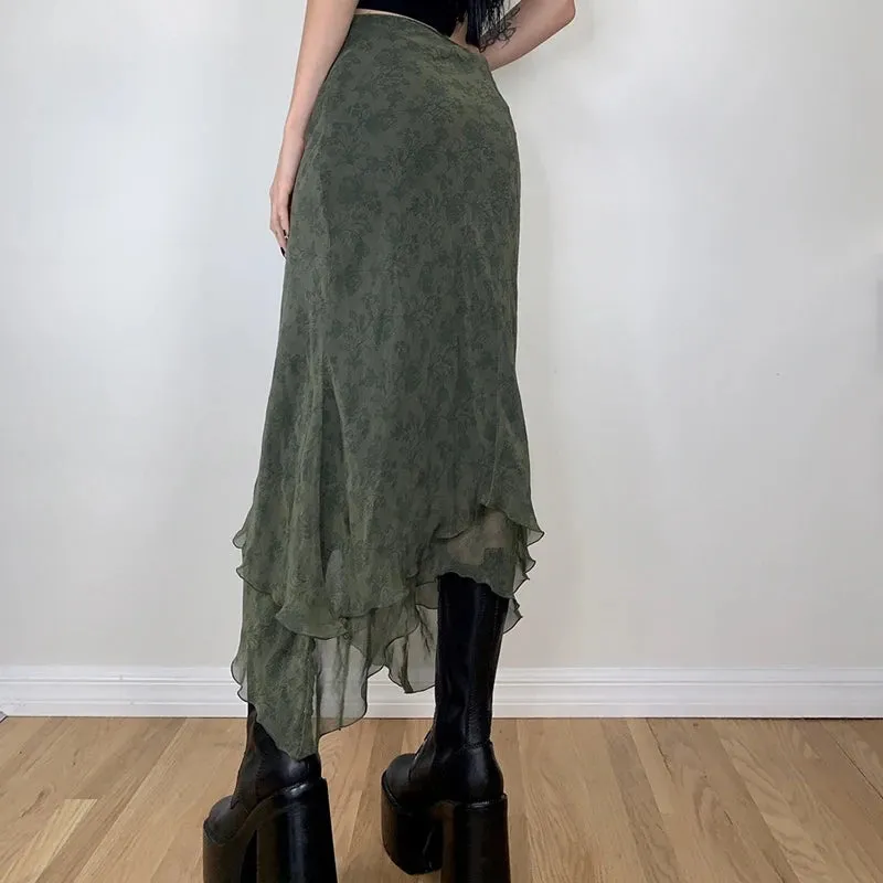 Fairycore Grunge Green Irregular Midi Skirts 2000s Retro Elegant Lady High Waist Ruffles Chiffon Skirt Women Vintage Midi Skirt