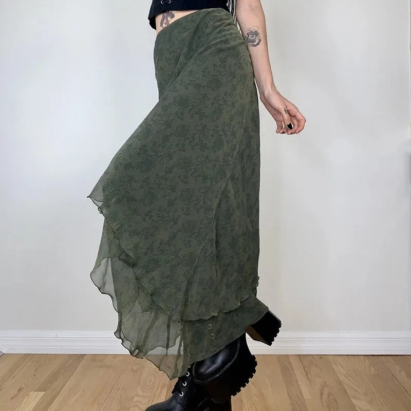 Fairycore Grunge Green Irregular Midi Skirts 2000s Retro Elegant Lady High Waist Ruffles Chiffon Skirt Women Vintage Midi Skirt