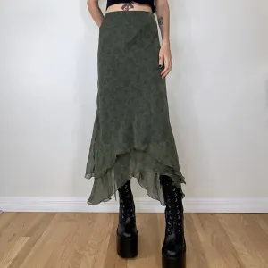 Fairycore Grunge Green Irregular Midi Skirts 2000s Retro Elegant Lady High Waist Ruffles Chiffon Skirt Women Vintage Midi Skirt