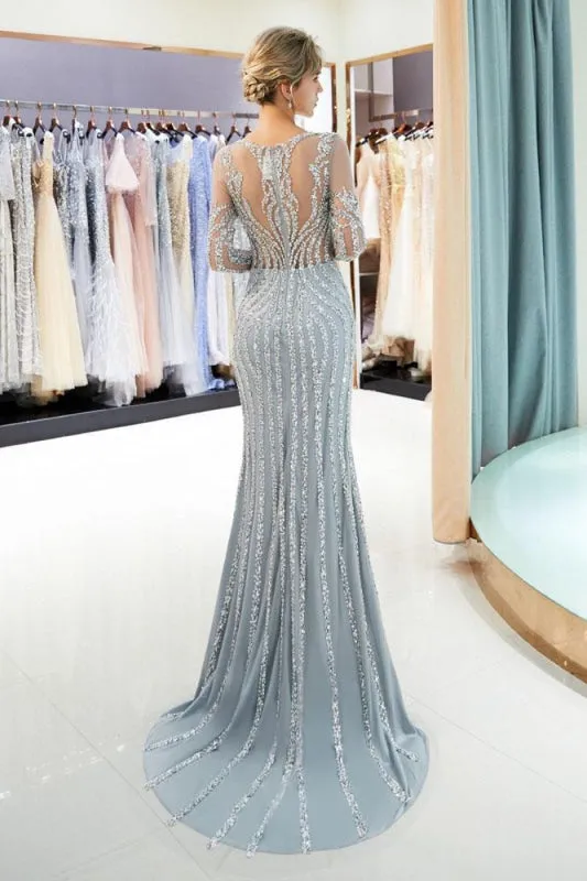 Fascinating Gray Beaded Evening Dresses Luxury Mermaid Crystal Sweep Train Long Sleeves Prom Dress