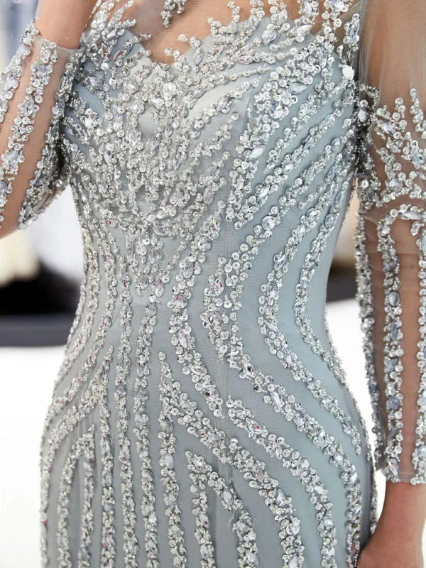 Fascinating Gray Beaded Evening Dresses Luxury Mermaid Crystal Sweep Train Long Sleeves Prom Dress