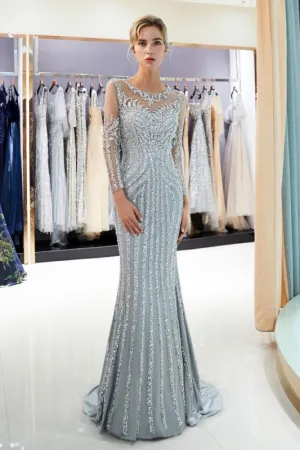 Fascinating Gray Beaded Evening Dresses Luxury Mermaid Crystal Sweep Train Long Sleeves Prom Dress