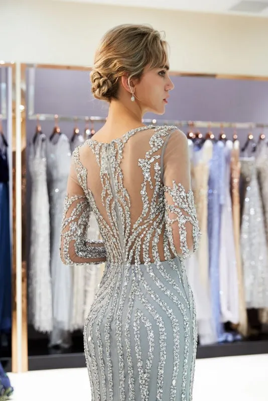 Fascinating Gray Beaded Evening Dresses Luxury Mermaid Crystal Sweep Train Long Sleeves Prom Dress