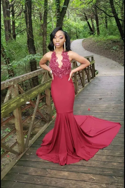 Fascinating Stylish Halter Prom Dress Red Mermaid Open Back Long Evening Dresses