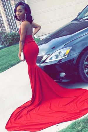 Fascinating Stylish Halter Prom Dress Red Mermaid Open Back Long Evening Dresses
