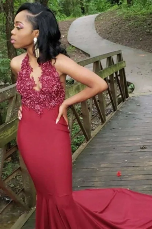 Fascinating Stylish Halter Prom Dress Red Mermaid Open Back Long Evening Dresses