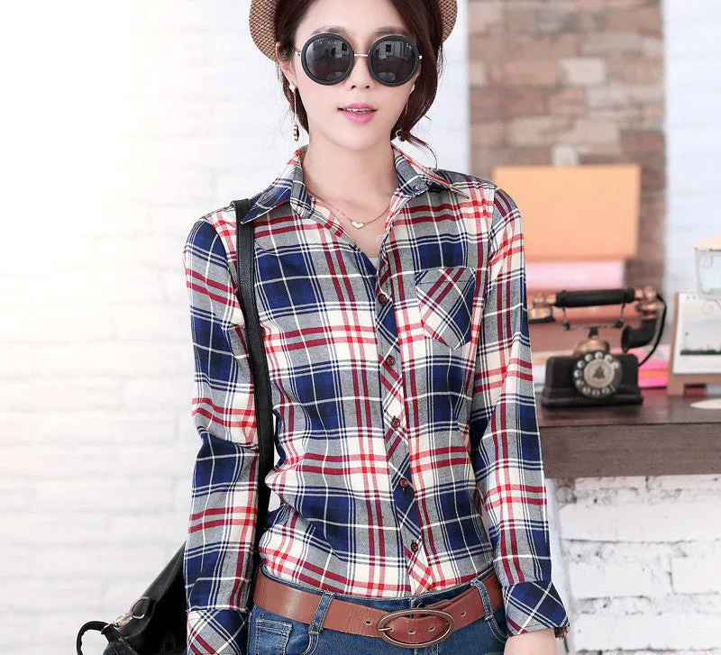 Fashion 16 colors girl's plaid flannel casual shirt female long sleeve plaid shirt ladies plus size women's Tops