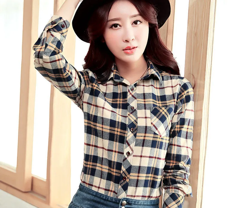 Fashion 16 colors girl's plaid flannel casual shirt female long sleeve plaid shirt ladies plus size women's Tops