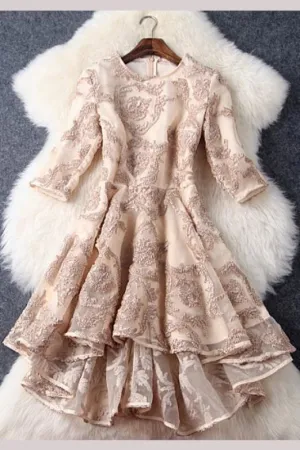 Fashion High-low Round Neck Lace Short Prom Dress with Sleeves for Teens