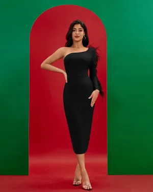Feather Trim One Sleeve Bandage Dress