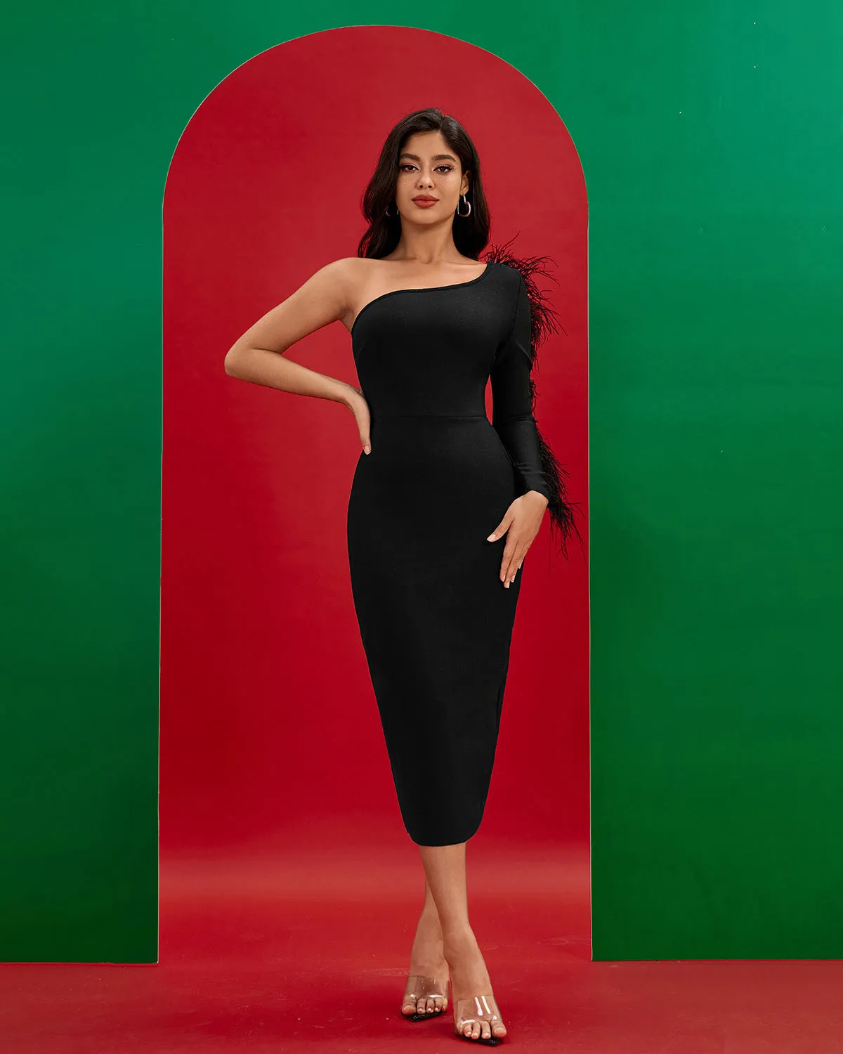 Feather Trim One Sleeve Bandage Dress