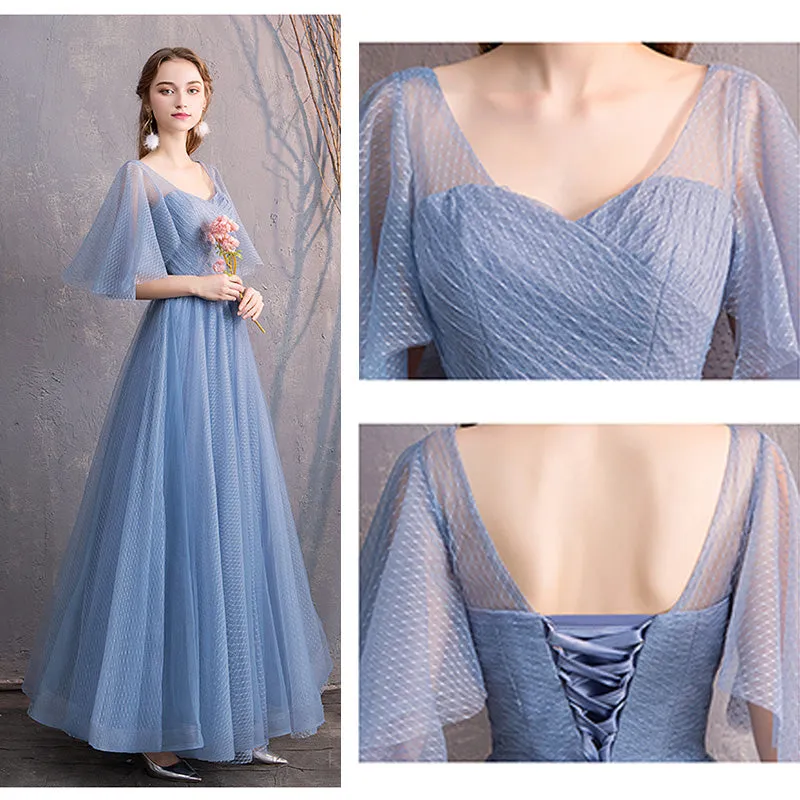 [Final Sale] Illusion Sweetheart Ruffle Sleeves Dusty Blue Bridesmaid Dresses