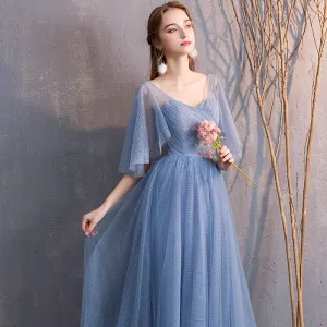 [Final Sale] Illusion Sweetheart Ruffle Sleeves Dusty Blue Bridesmaid Dresses