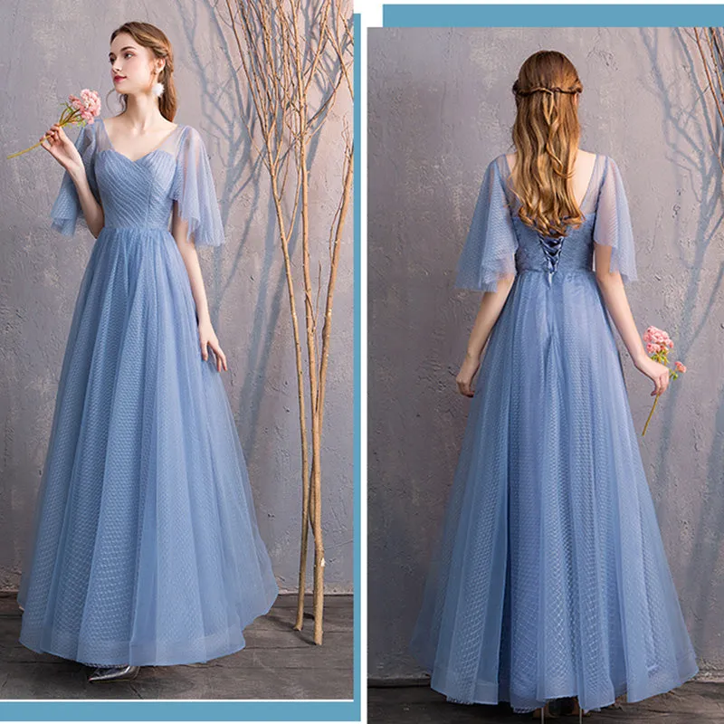 [Final Sale] Illusion Sweetheart Ruffle Sleeves Dusty Blue Bridesmaid Dresses