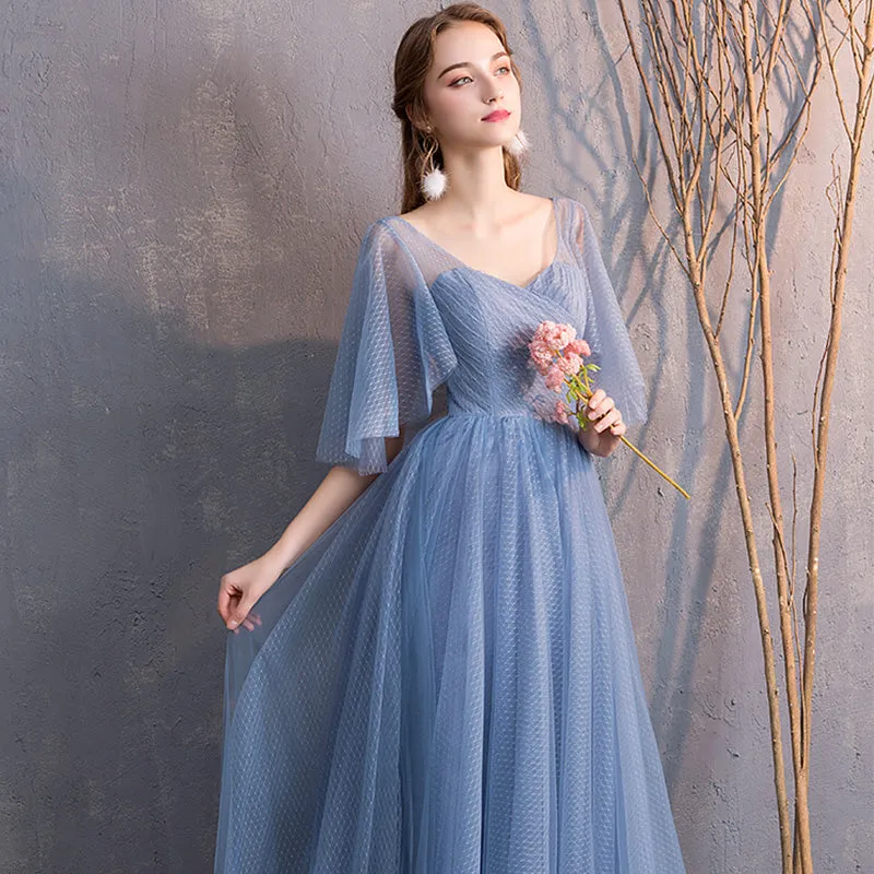 [Final Sale] Illusion Sweetheart Ruffle Sleeves Dusty Blue Bridesmaid Dresses