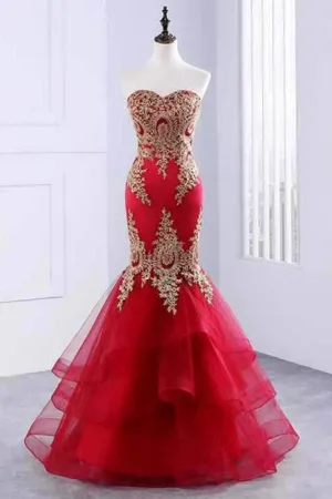 Floor Length Sweetheart Mermaid Red Prom Gold Appliqued Long Evening Dress