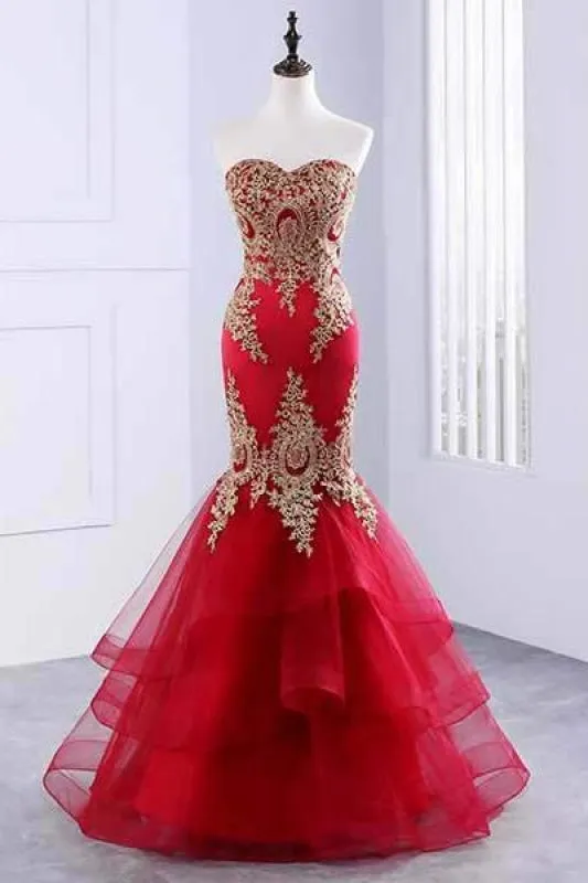 Floor Length Sweetheart Mermaid Red Prom Gold Appliqued Long Evening Dress
