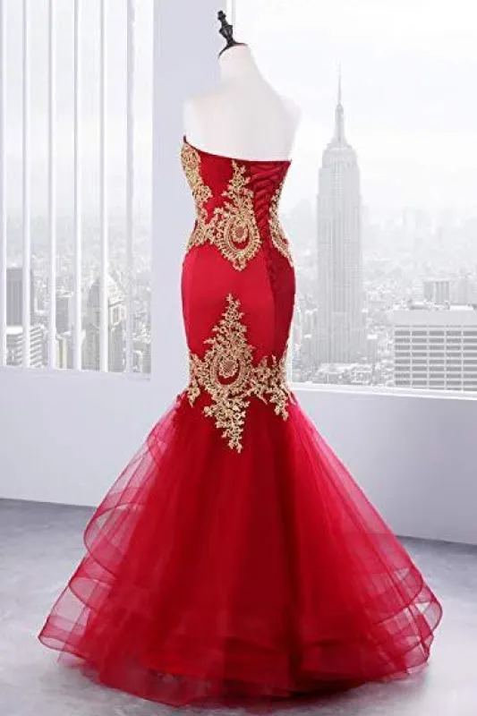 Floor Length Sweetheart Mermaid Red Prom Gold Appliqued Long Evening Dress