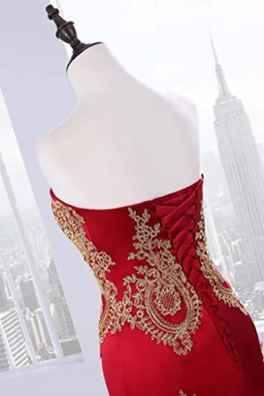 Floor Length Sweetheart Mermaid Red Prom Gold Appliqued Long Evening Dress