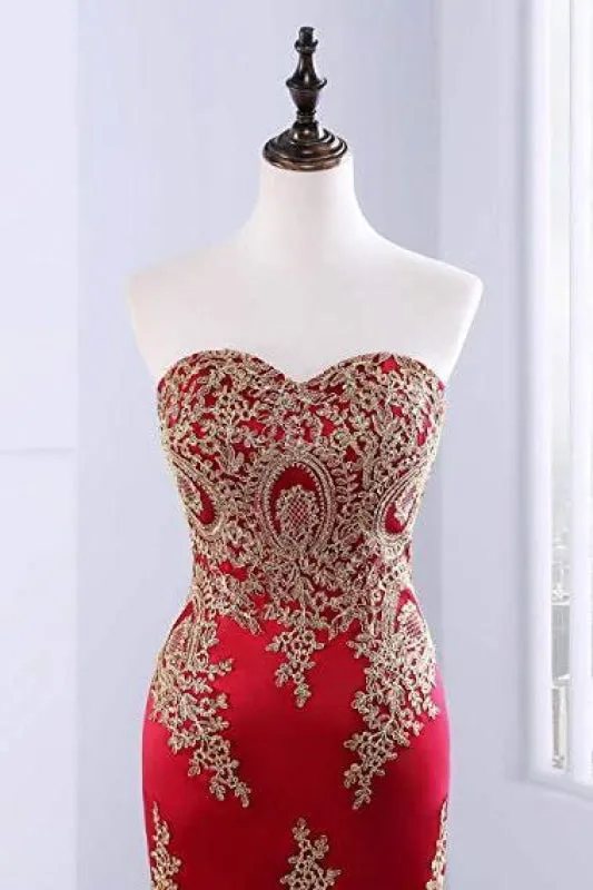 Floor Length Sweetheart Mermaid Red Prom Gold Appliqued Long Evening Dress