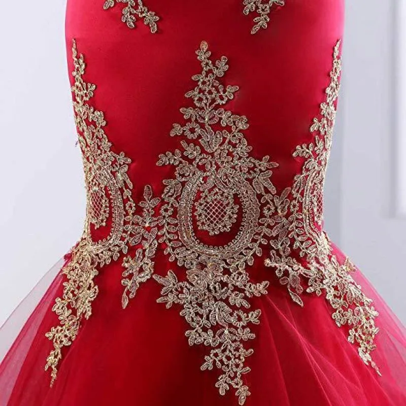 Floor Length Sweetheart Mermaid Red Prom Gold Appliqued Long Evening Dress