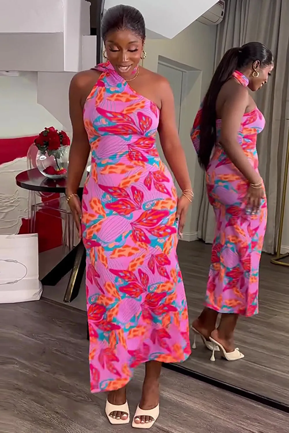 Floral Print Halter Streamer Bodycon Midi Dresses-Pink