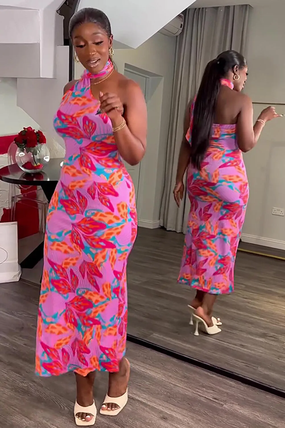 Floral Print Halter Streamer Bodycon Midi Dresses-Pink
