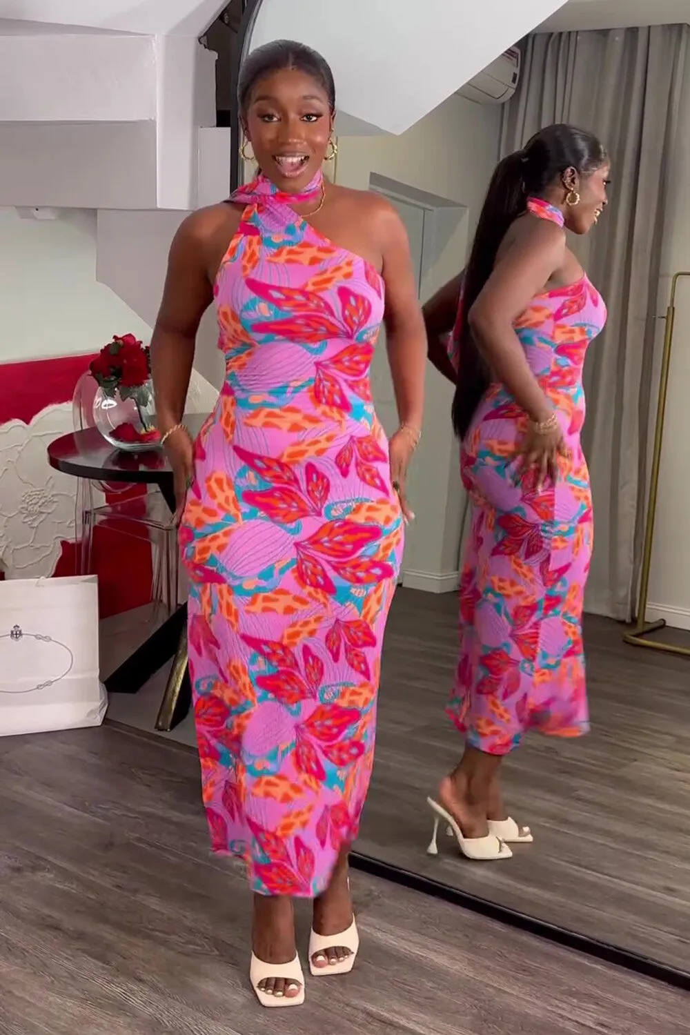 Floral Print Halter Streamer Bodycon Midi Dresses-Pink