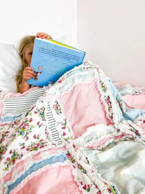 Flower Comforter Twin Bedspread and Toddler Bedding Girl, Big Handmade Rag Quilts, Pink and Blue Floral Quilted For Girls