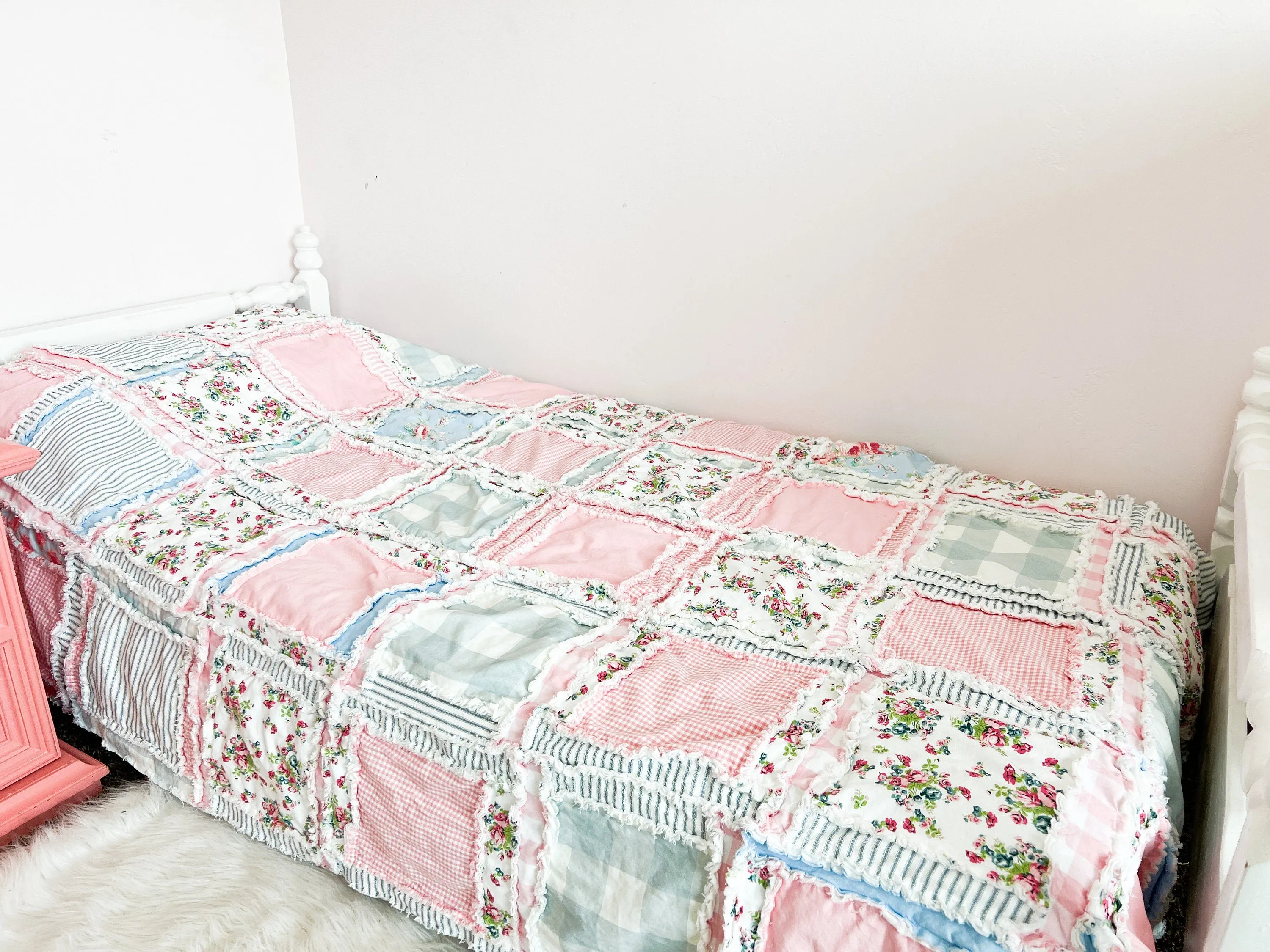 Flower Comforter Twin Bedspread and Toddler Bedding Girl, Big Handmade Rag Quilts, Pink and Blue Floral Quilted For Girls