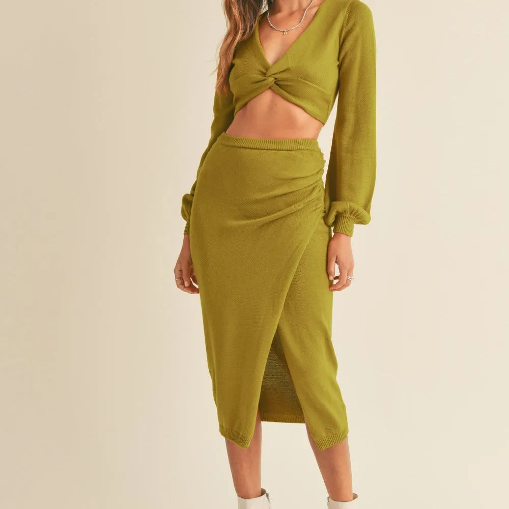 Front Twisted Knit Top and Midi Skirt Set