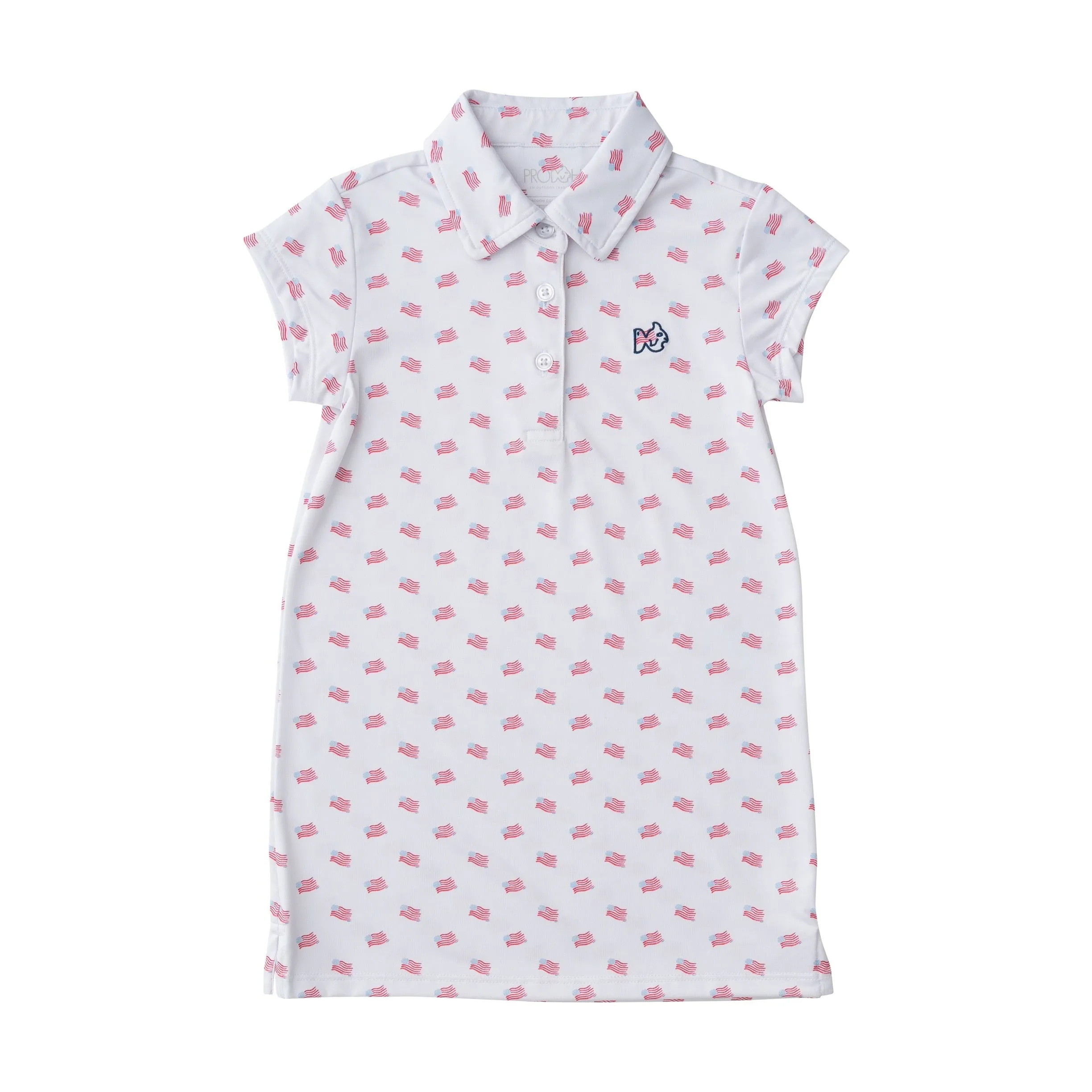 Girls' Short Sleeve Pro Performance Polo Dress in American Flag Print on White