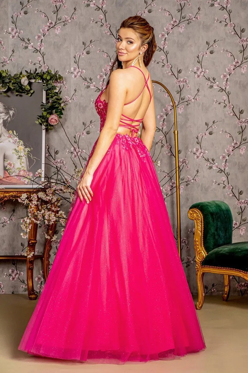 GL 3229 - Shimmer Tulle A-Line Prom Gown with Sheer Beaded Lace Embellished Bodice & Open Lace Up Back