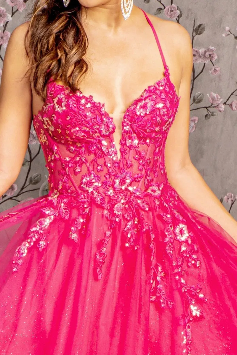 GL 3229 - Shimmer Tulle A-Line Prom Gown with Sheer Beaded Lace Embellished Bodice & Open Lace Up Back