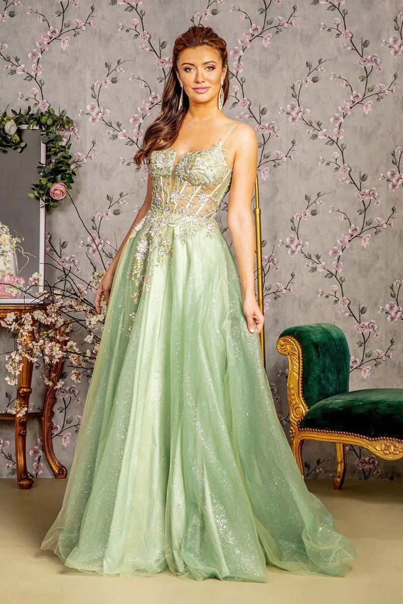 GL 3377 - Shimmer Tulle A-Line Prom Gown with Sheer Beaded 3D Floral Boned Corset Bodice & Lace Up Corset Back