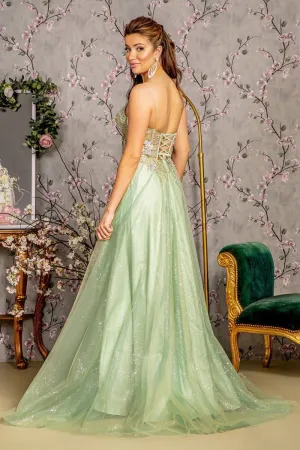 GL 3377 - Shimmer Tulle A-Line Prom Gown with Sheer Beaded 3D Floral Boned Corset Bodice & Lace Up Corset Back