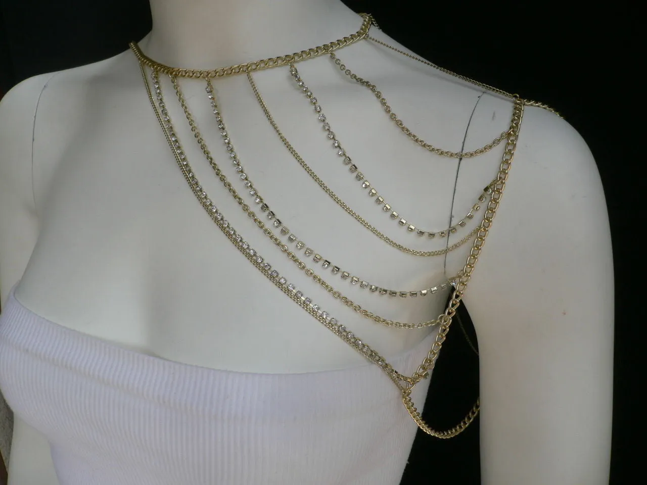 Gold Metal Long Chain Clear Rhinestones One Side Shoulders Body Chain Necklace