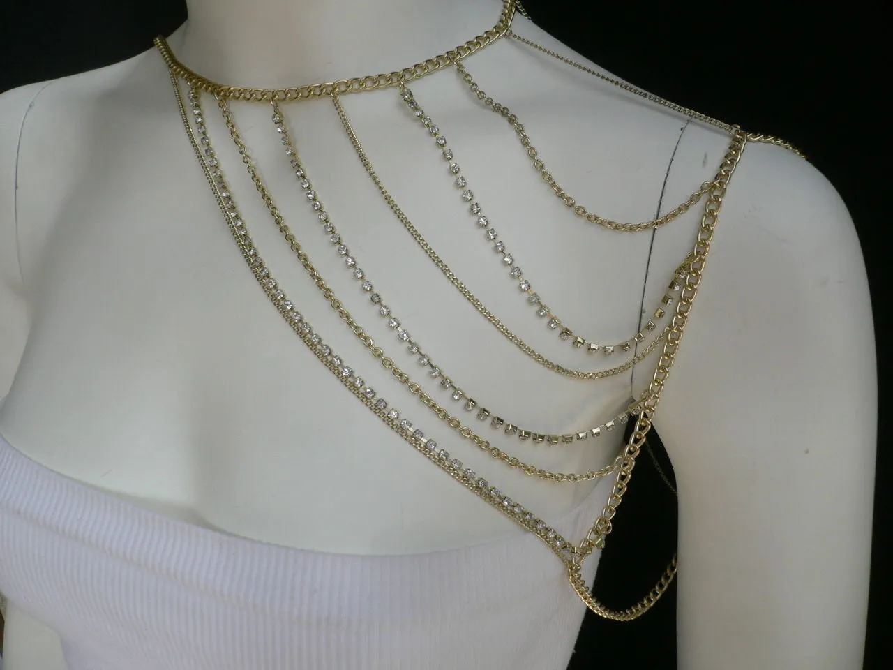 Gold Metal Long Chain Clear Rhinestones One Side Shoulders Body Chain Necklace