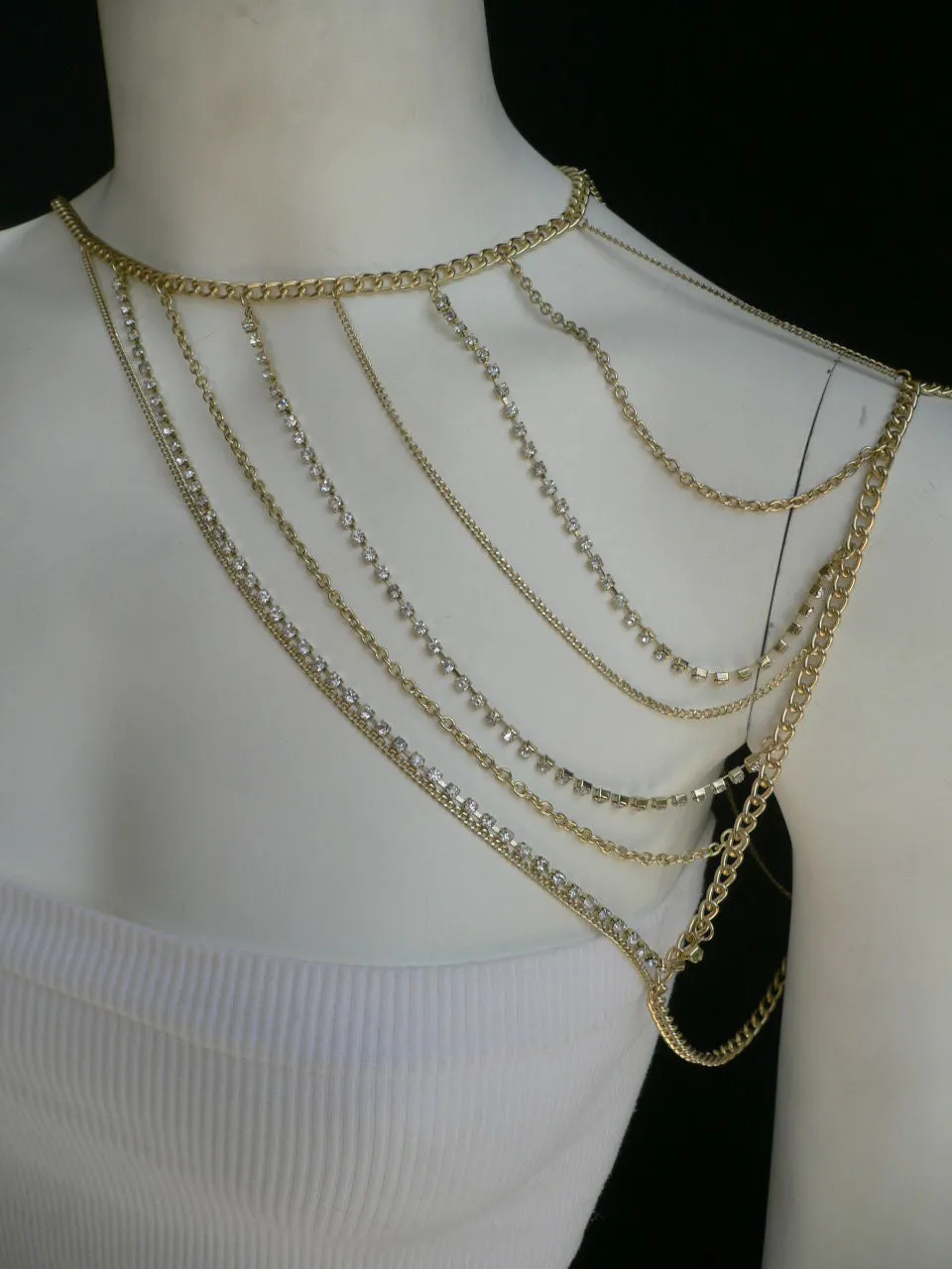 Gold Metal Long Chain Clear Rhinestones One Side Shoulders Body Chain Necklace