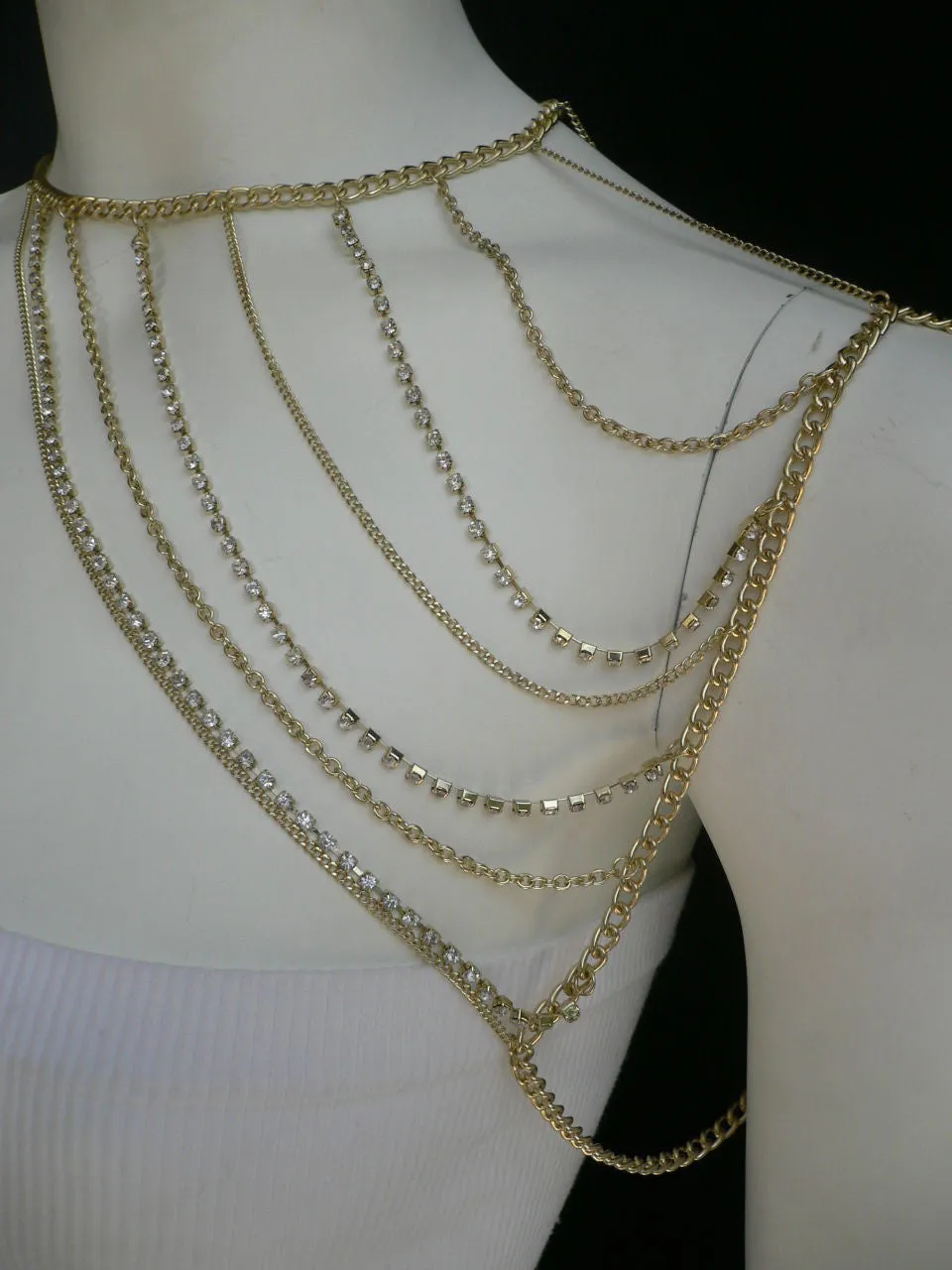Gold Metal Long Chain Clear Rhinestones One Side Shoulders Body Chain Necklace