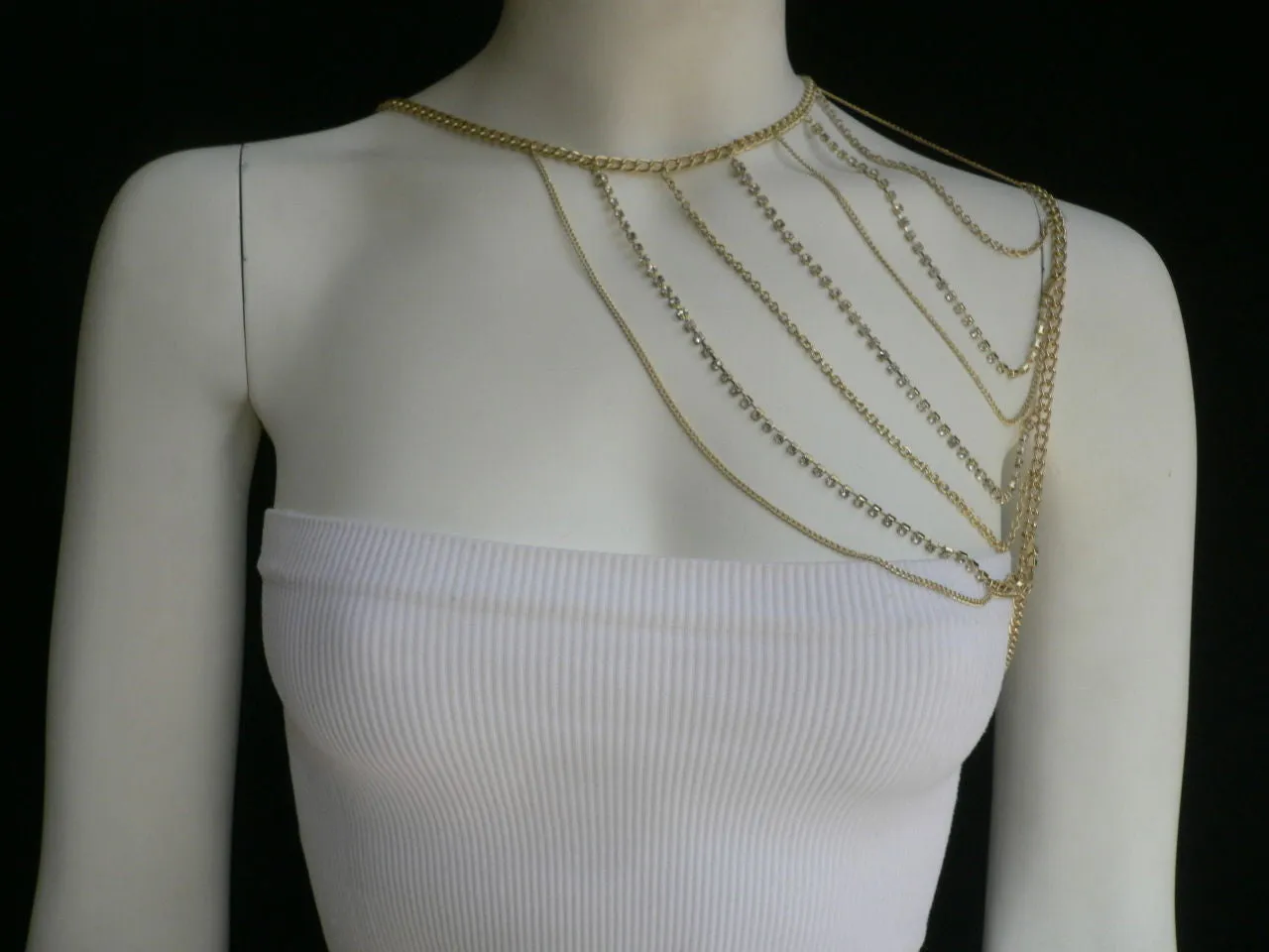 Gold Metal Long Chain Clear Rhinestones One Side Shoulders Body Chain Necklace