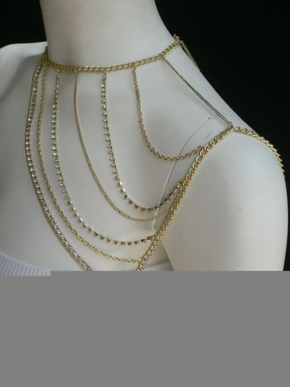 Gold Metal Long Chain Clear Rhinestones One Side Shoulders Body Chain Necklace