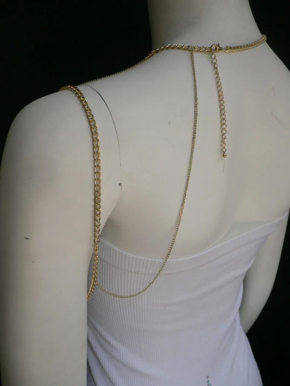Gold Metal Long Chain Clear Rhinestones One Side Shoulders Body Chain Necklace