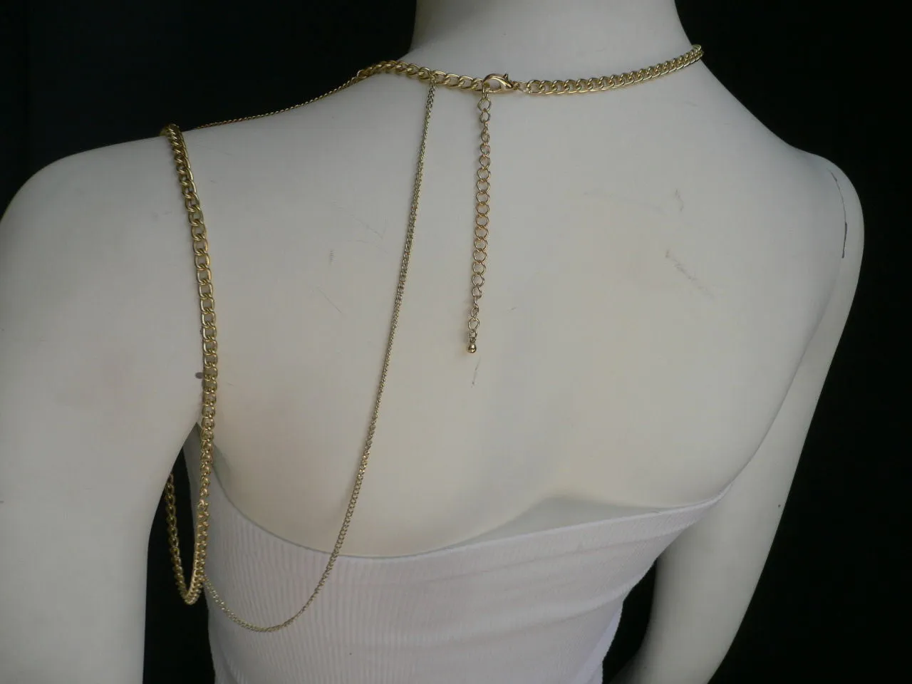 Gold Metal Long Chain Clear Rhinestones One Side Shoulders Body Chain Necklace