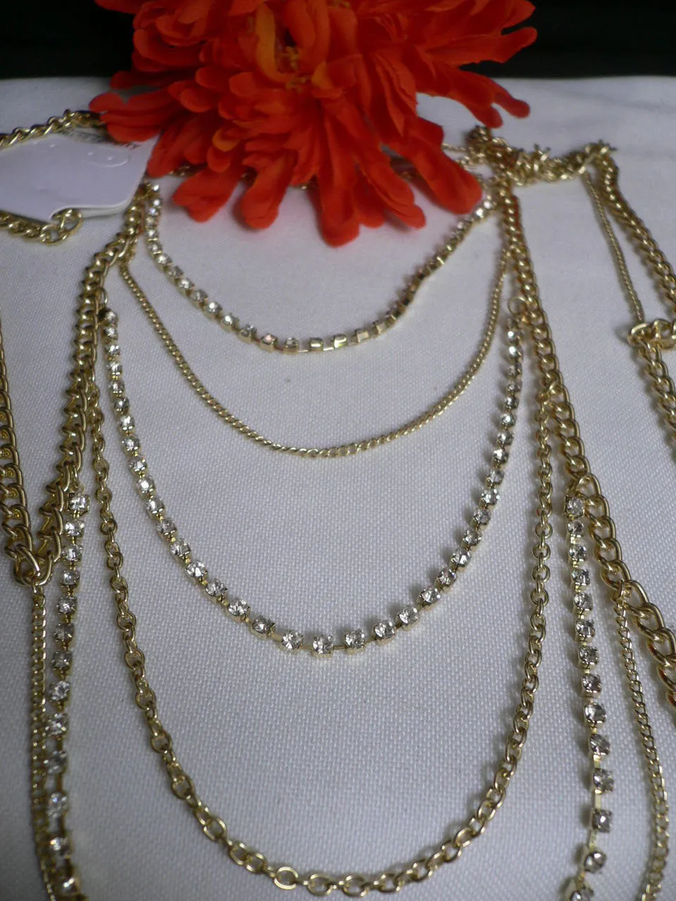 Gold Metal Long Chain Clear Rhinestones One Side Shoulders Body Chain Necklace