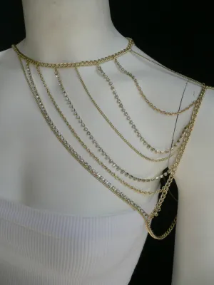 Gold Metal Long Chain Clear Rhinestones One Side Shoulders Body Chain Necklace