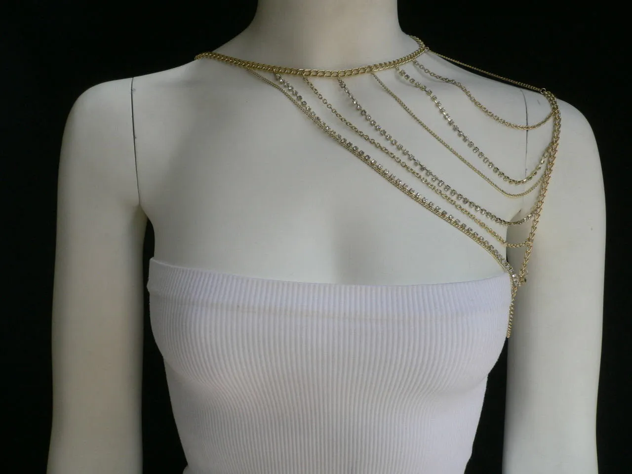 Gold Metal Long Chain Clear Rhinestones One Side Shoulders Body Chain Necklace